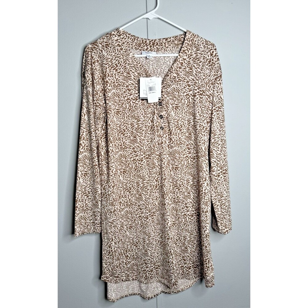 Roudelain Size S Womens Nightshirt Long Sleeve Animal Print Brown V Neck